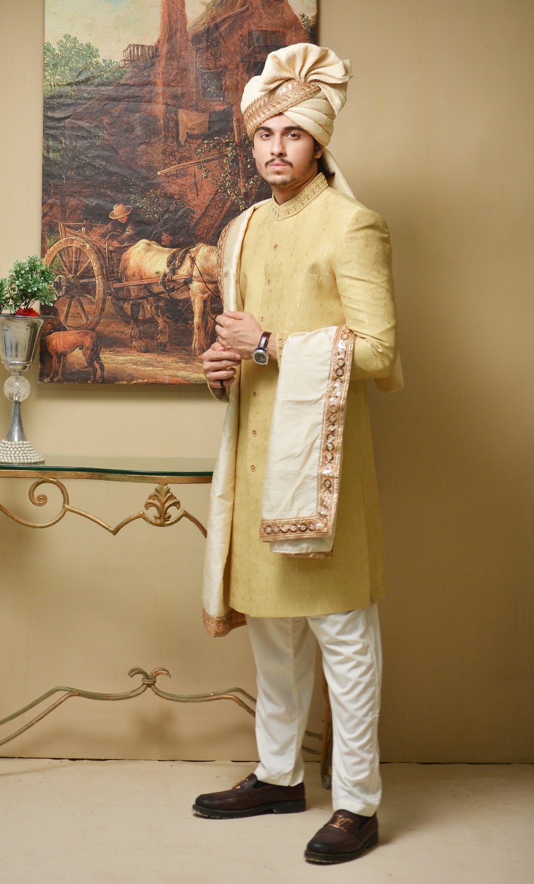Regal Golden Sherwani Set with Hand-Embroidered Shawl & Accessories