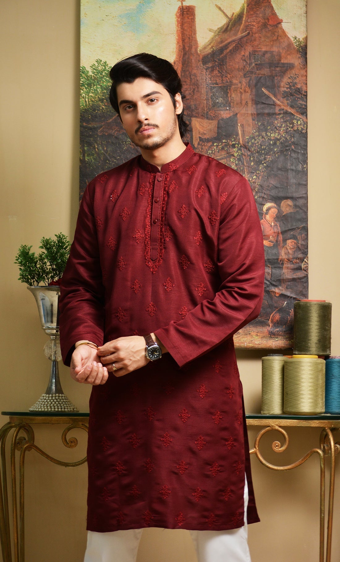 Maroon Embroidered Kurta with White Trousers