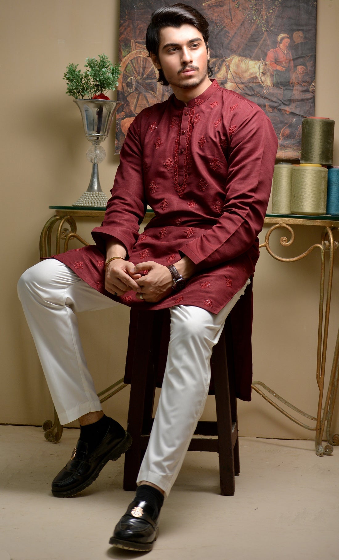 Maroon Embroidered Kurta with White Trousers