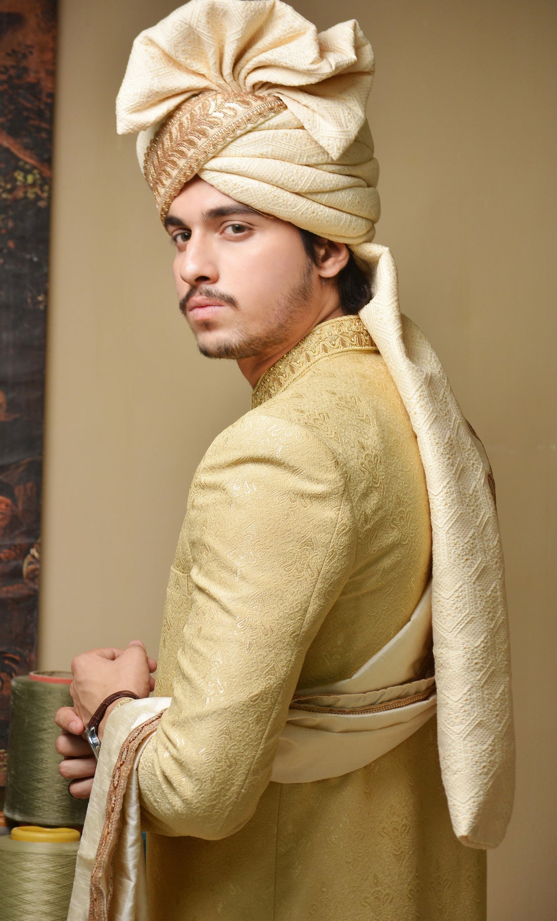Regal Golden Sherwani Set with Hand-Embroidered Shawl & Accessories