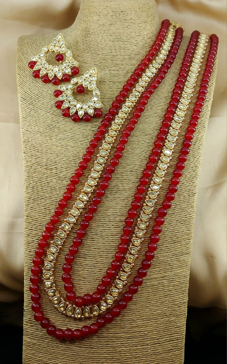 Kundan Mala with Earrings Maroon