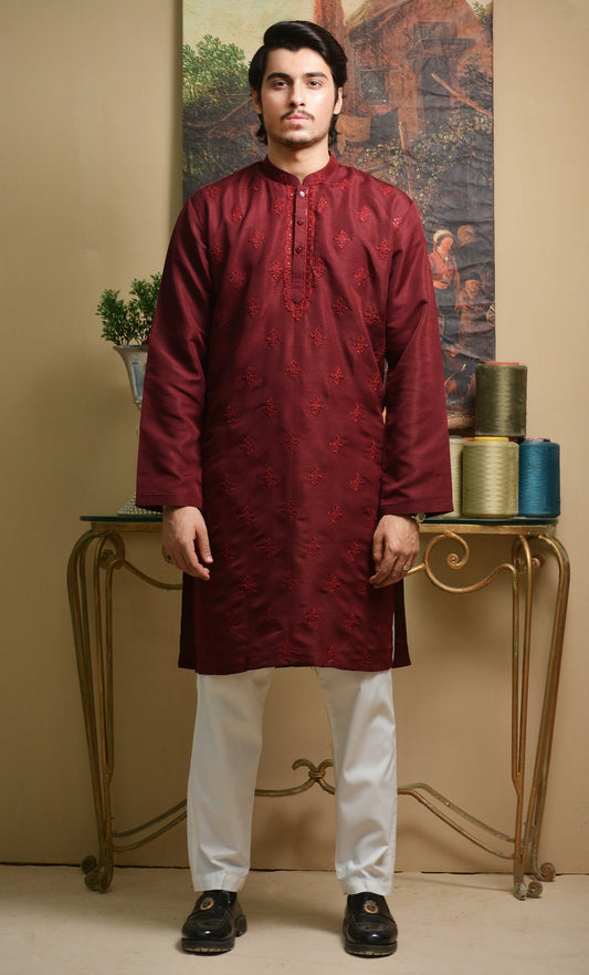 Maroon Embroidered Kurta with White Trousers