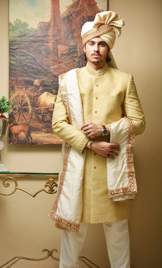 Regal Golden Sherwani Set with Hand-Embroidered Shawl & Accessories